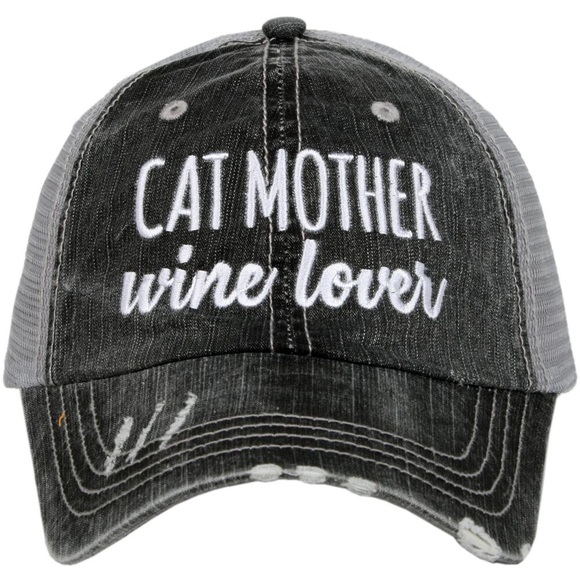 "Cat Mother Wine Lover" Embroidered/Distressed Cap - Picture 4 of 7